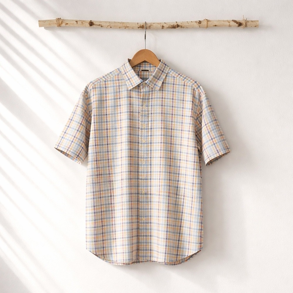 David Donahue Mens XL Plaid Short Sleeve Linen Cotton Button Down Shirt Blue Tan